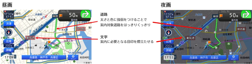 道路：太さと色に強弱をつけることで案内対象道路をはっきりくっきり 文字：案内に必要となる目印を際立たせる