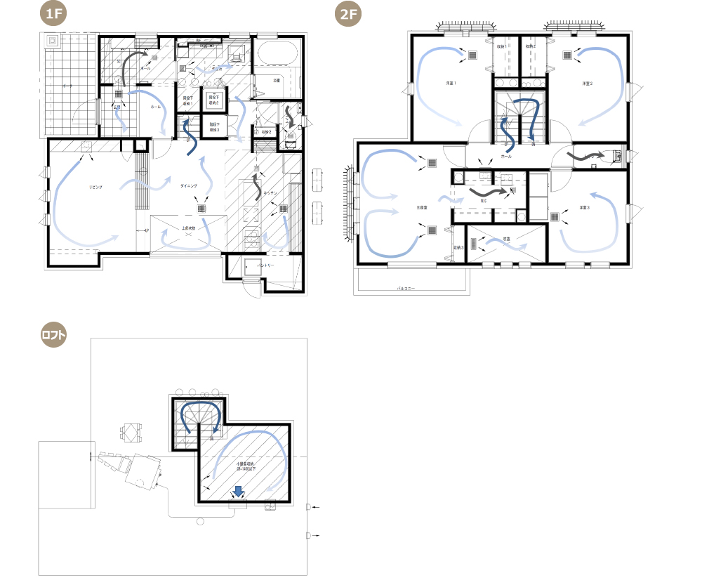 全館空調,お客様の声,間取図,1F,2F