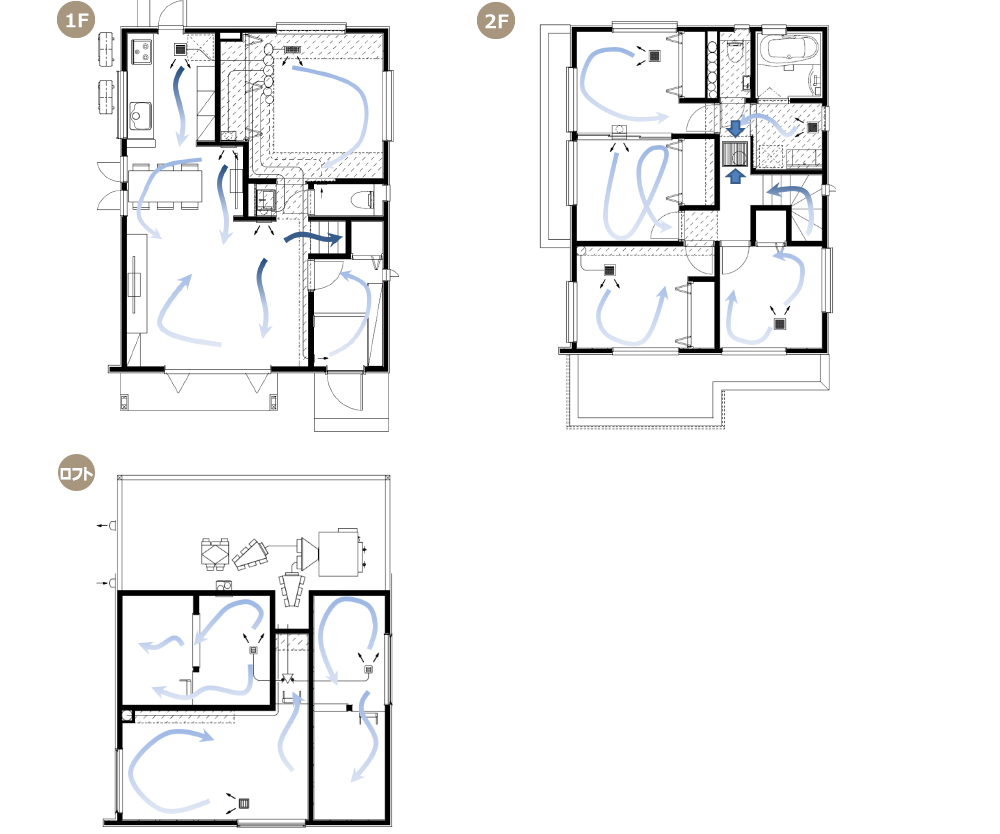 全館空調,お客様の声,間取図,1F,2F,3F